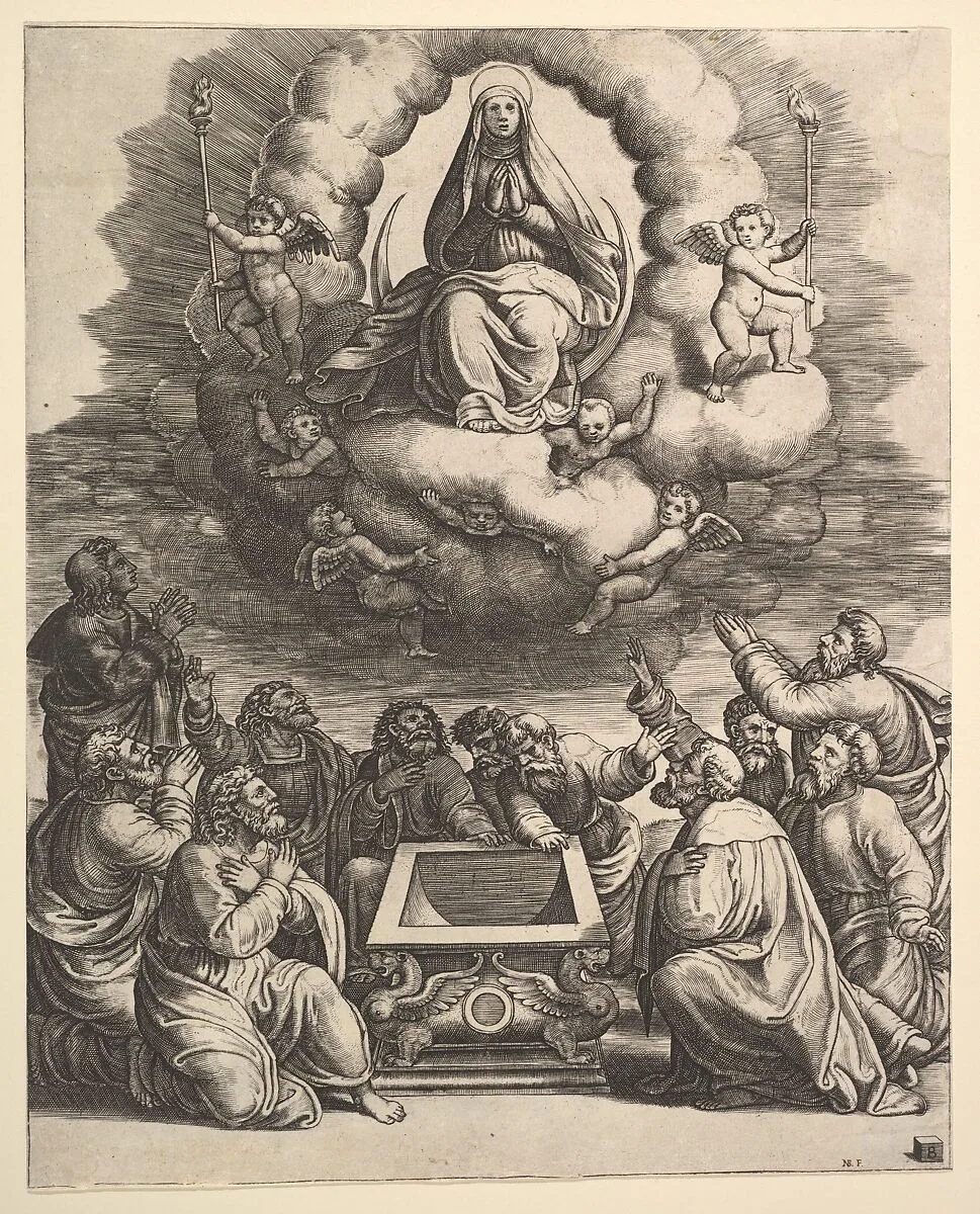 The Assumption of the Virgin, below the apostles surround the tomb — Master of the Die|Perino del Vaga (Pietro Buonaccorsi)