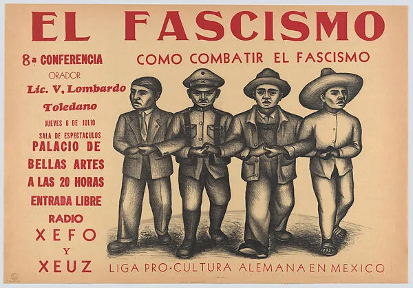 A poster advertising a meeting in Mexico City supported by the Liga Pro-cultura Alemana relating to the subject of how to combat Fascism — Jesús Escobedo|Taller de Gráfica Popular