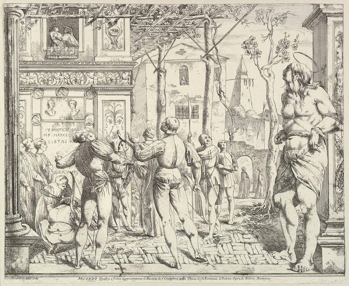 The Martyrdom of Saint Christopher, from "The Story of Saints James and Christopher in the Eremitani Chapel" — Giovanni David|Andrea Mantegna