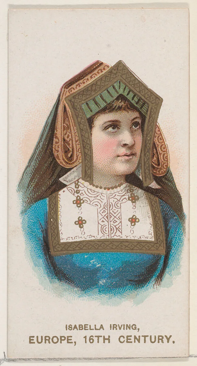 Isabella Irving Dressed in European Costume of the 16th Century, from the set Actors and Actresses, Second Series (N71) for Duke brand cigarettes — W. Duke, Sons & Co.|Knapp & Company