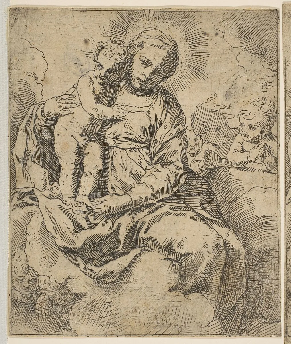 Madonna and Child seated on clouds and surrounded by angels, copy in reverse after Cantarini — Simone Cantarini