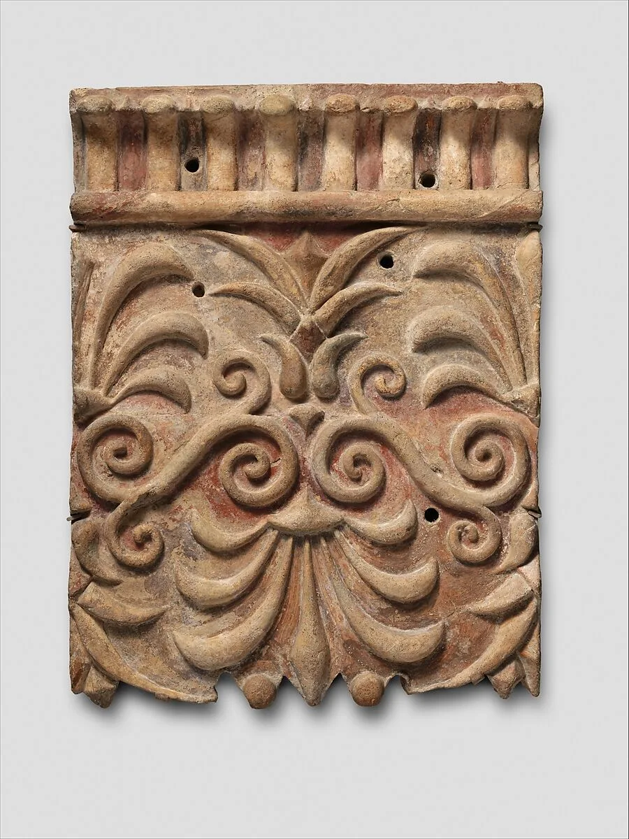 Terracotta architectural plaque with lotus and palmette designs — Unknown