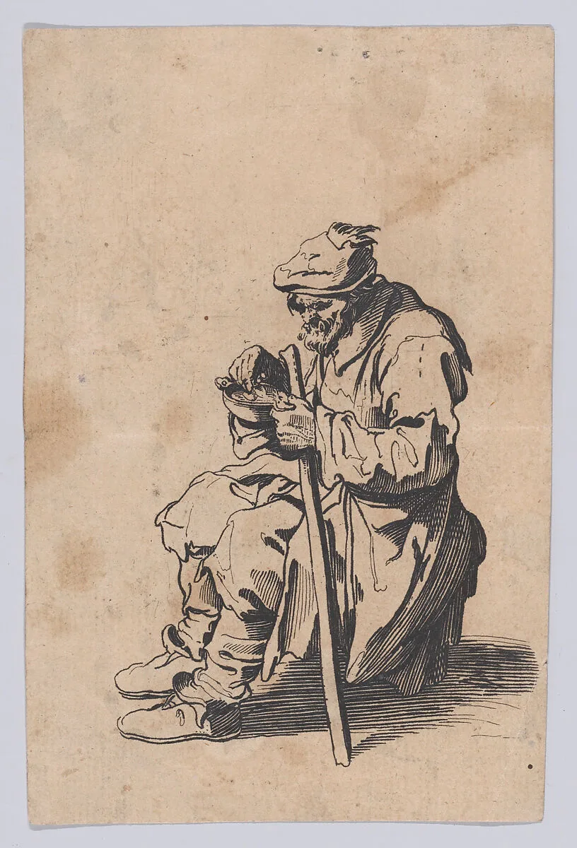 Reverse Copy of Le Gueux Assis et Mangeant (The Beggar Sitting and Eating), from Les Gueux suite appelée aussi Les Mendiants, Les Baroni, ou Les Barons (The Beggars, also called the Barons) — Jacques Callot|Anonymous