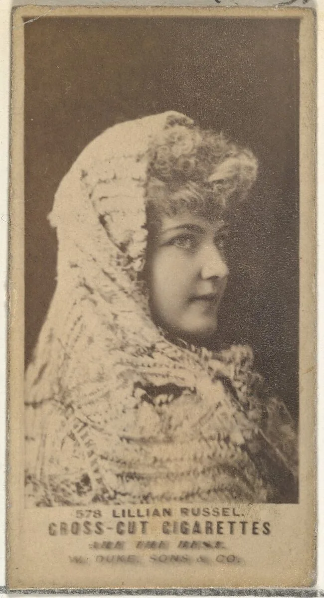 Card Number 578, Lillian Russell, from the Actors and Actresses series (N145-3) issued by Duke Sons & Co. to promote Cross Cut Cigarettes — W. Duke, Sons & Co.