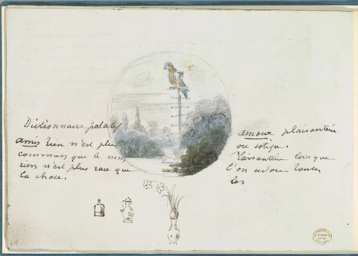 Roundel with Bird in a Landscape and Small Sketches