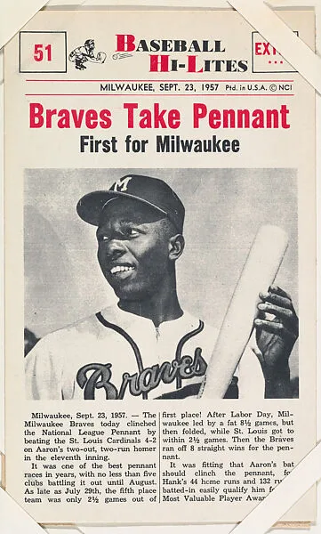 Braves Take Pennant #51 from Nu-Card Baseball Hi-Lites series (W460) — Nu-Card, Inc.