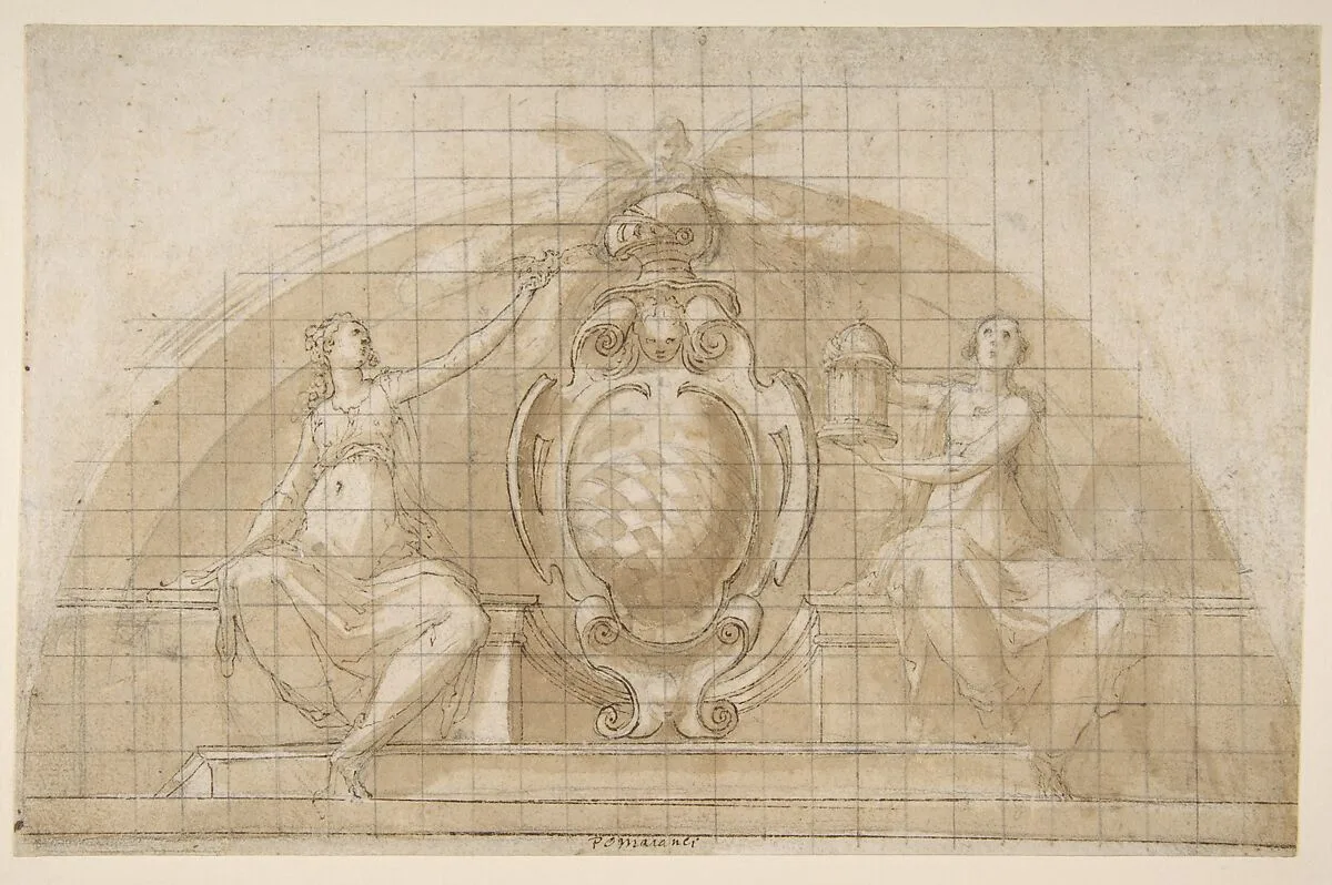 Design for a Lunette Decoration: Coat of Arms Flanked by Seated Allegorical Figures (recto and verso) — Pomarancio (Cristoforo Roncalli)