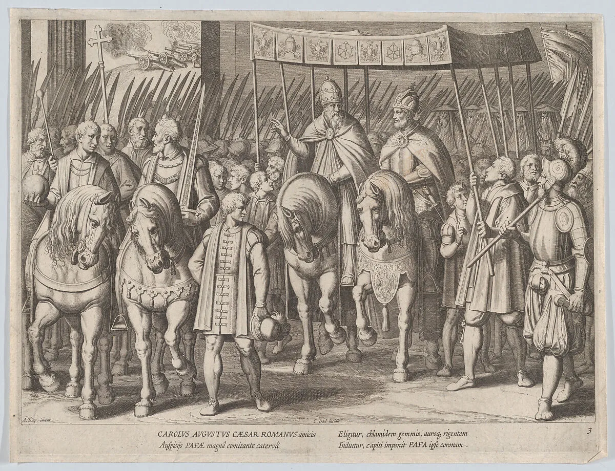 Plate 3: Charles V Crowned Emperor entering Rome with the Pope, from the Triumphs of Charles V — Cornelis Boel|Antonio Tempesta
