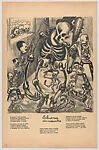 Broadside 'Calaveras unite': many small skeletons identified by names some engaged in raising a huge skeleton using a pulley — Taller de Gráfica Popular|Ignacio Aguirre