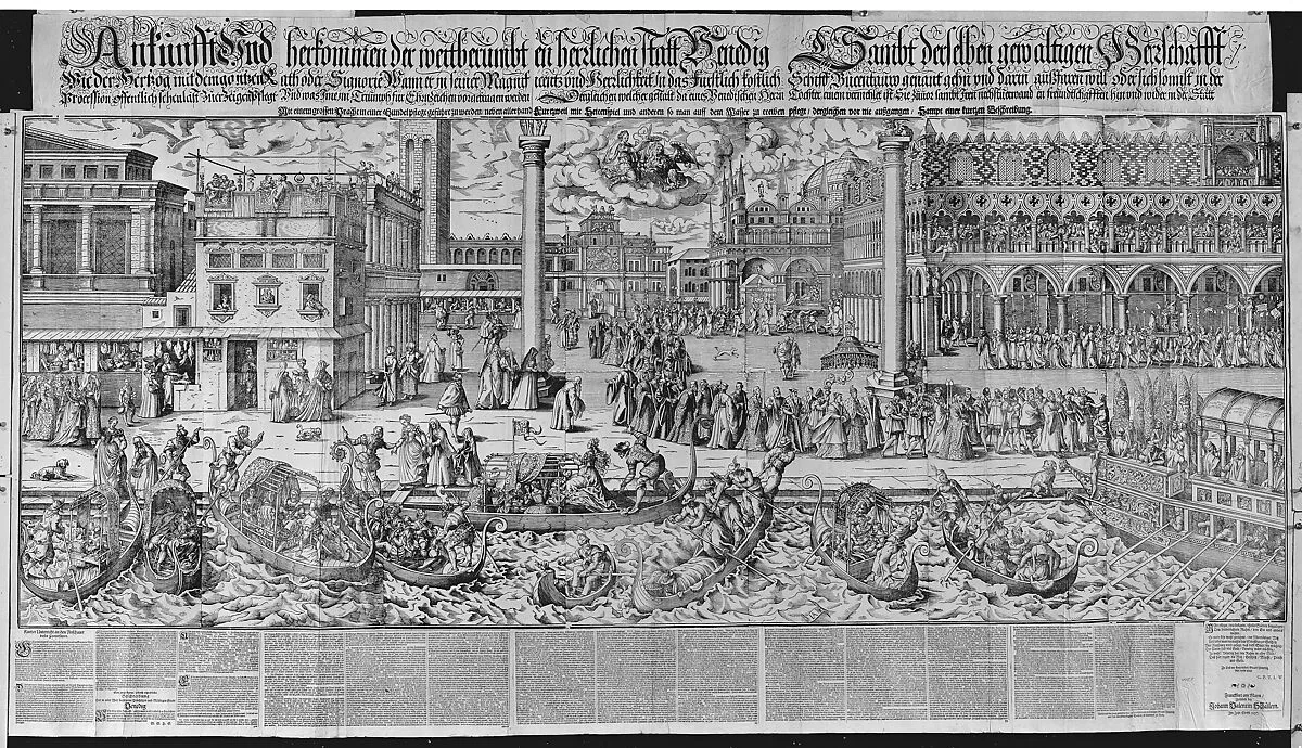 Procession of the Doge to the Bucintoro on Ascension Day, with a View of Venice, ca. 1565 — Jost Amman|Giovanni Andrea Vavassore|Johann Valentin Schallern