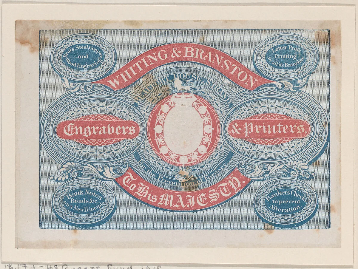 Trade Card for Whiting & Branston, Engravers & Printers — Anonymous, British, 19th century
