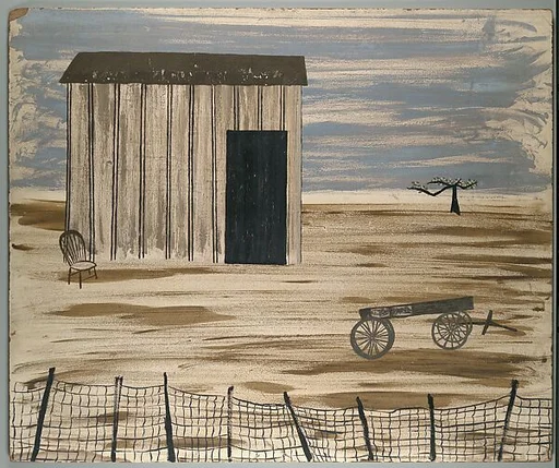 [Shack and Wagon Behind Fence]