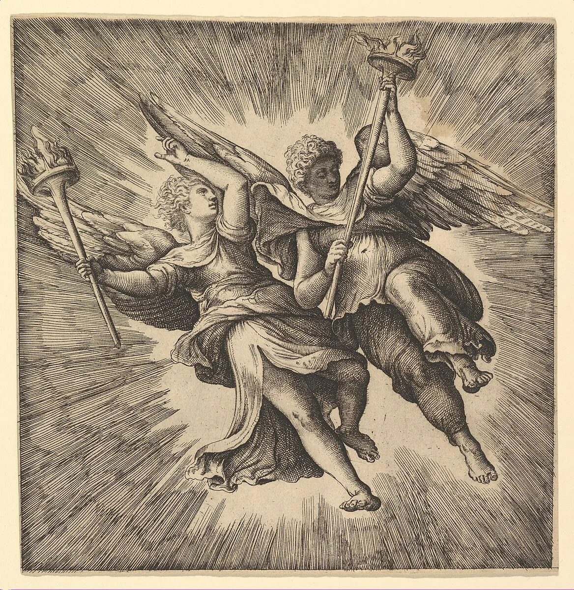 Two Angels or Winged Genii Carrying Torches — Battista Franco