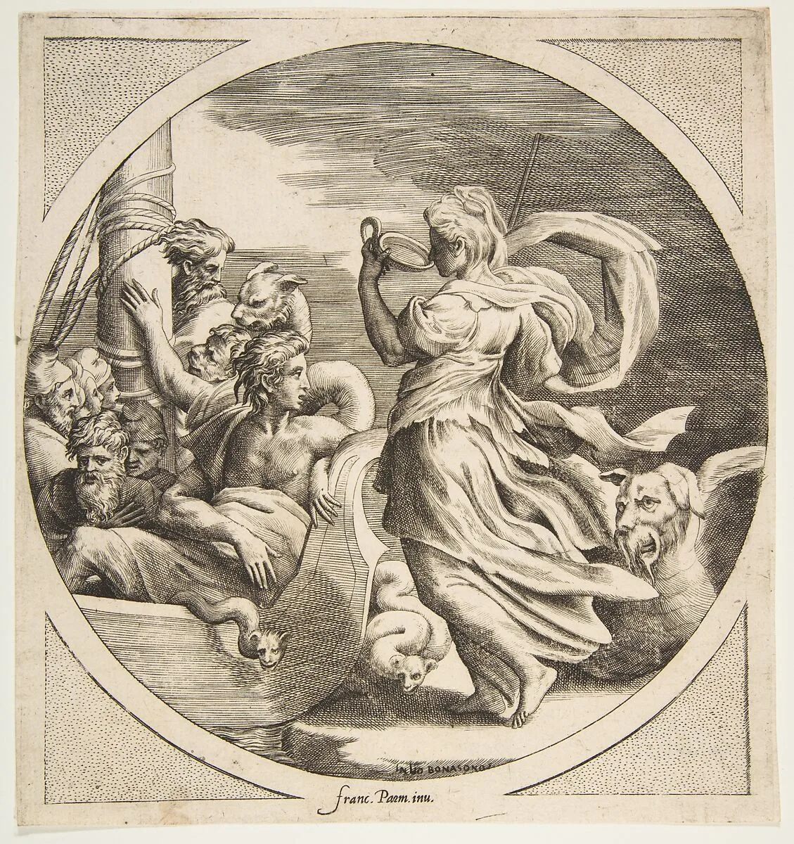 Circe drinking from a cup with the companions of Ulysses in a boat at left, a circular composition — Giulio Bonasone|Parmigianino (Girolamo Francesco Maria Mazzola)