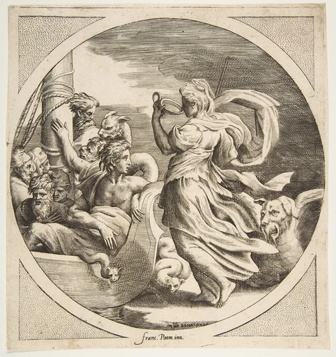 Circe drinking from a cup with the companions of Ulysses in a boat at left, a circular composition