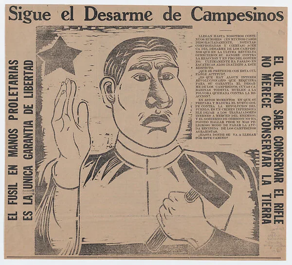 A page from the newspaper ' El Machete' relating to the continued disarmament of the peasants, image of man with a hammer on verso by Siqueiros, the portrait of Karl Marx on verso by Guerrero — Xavier Guerrero|David Alfaro Siqueiros