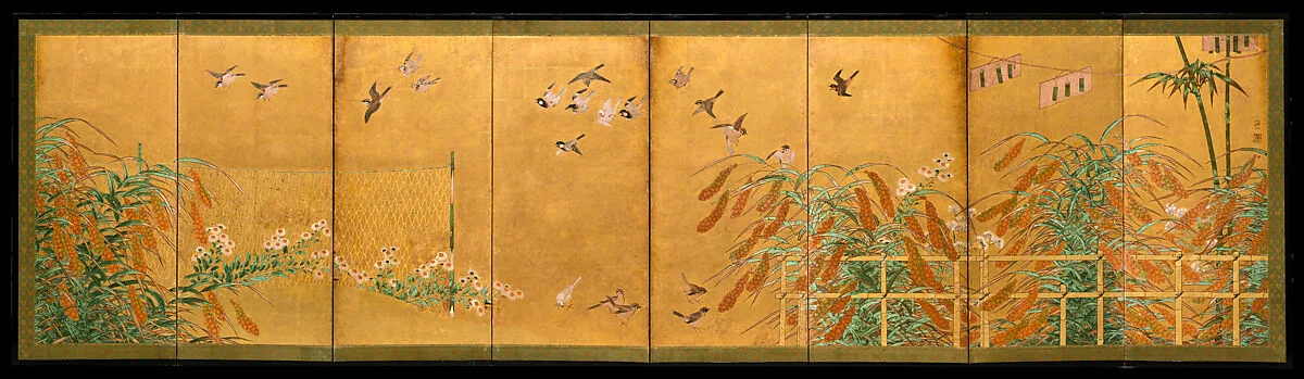 伝狩野山楽筆 粟に小禽図屏風|Autumn Millet and Small Birds — Kano Sanraku