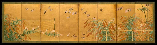 伝狩野山楽筆 粟に小禽図屏風|Autumn Millet and Small Birds