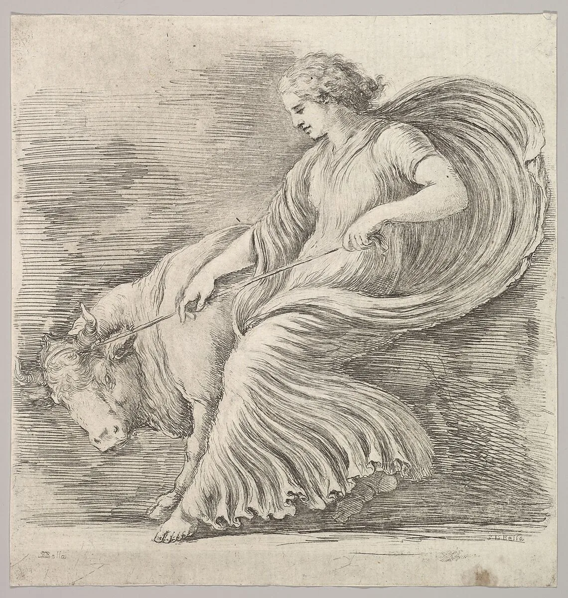 A woman in profile pulling back on a rope tied around the horns of a young bull — Stefano della Bella
