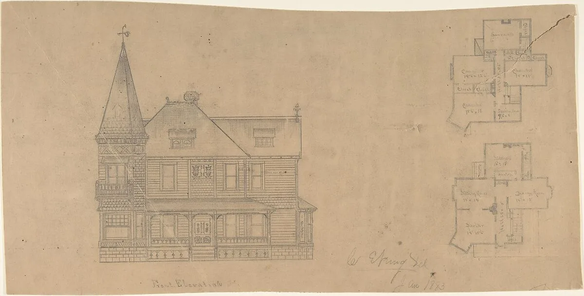 Design for a House, Front Elevation and Plans — W. Strong