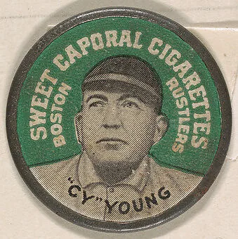 Cy Young, Boston Red Sox (green), from the Domino Discs series (PX7), issued by Kinney Brothers — Kinney Brothers Tobacco Company