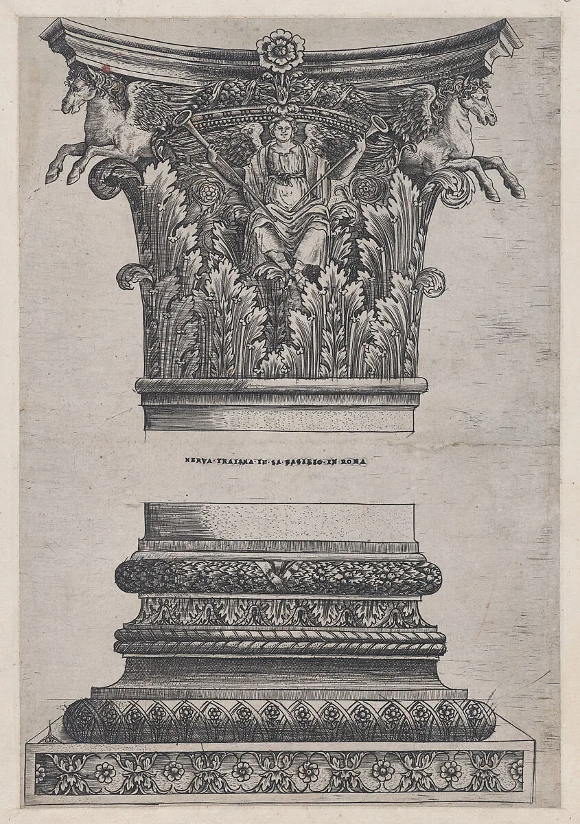 Speculum Romanae Magnificentiae: Pegasus capital from the Temple of Mars Ultor and decorated base — Monogrammist G.A. & the Caltrop