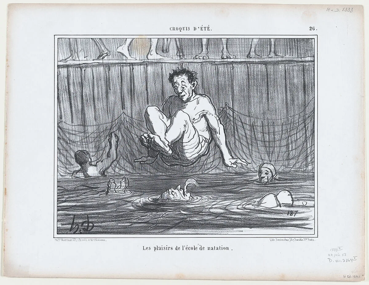 Les plaisirs de l'école de natation, from Croquis Été, published in Le Charivari, June 22, 1858 — Aaron Martinet|Honoré Daumier|Destouches