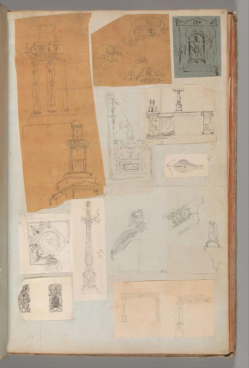 Page from a Scrapbook containing Drawings and Several Prints of Architecture, Interiors, Furniture and Other Objects — Charles Percier|Pierre François Léonard Fontaine