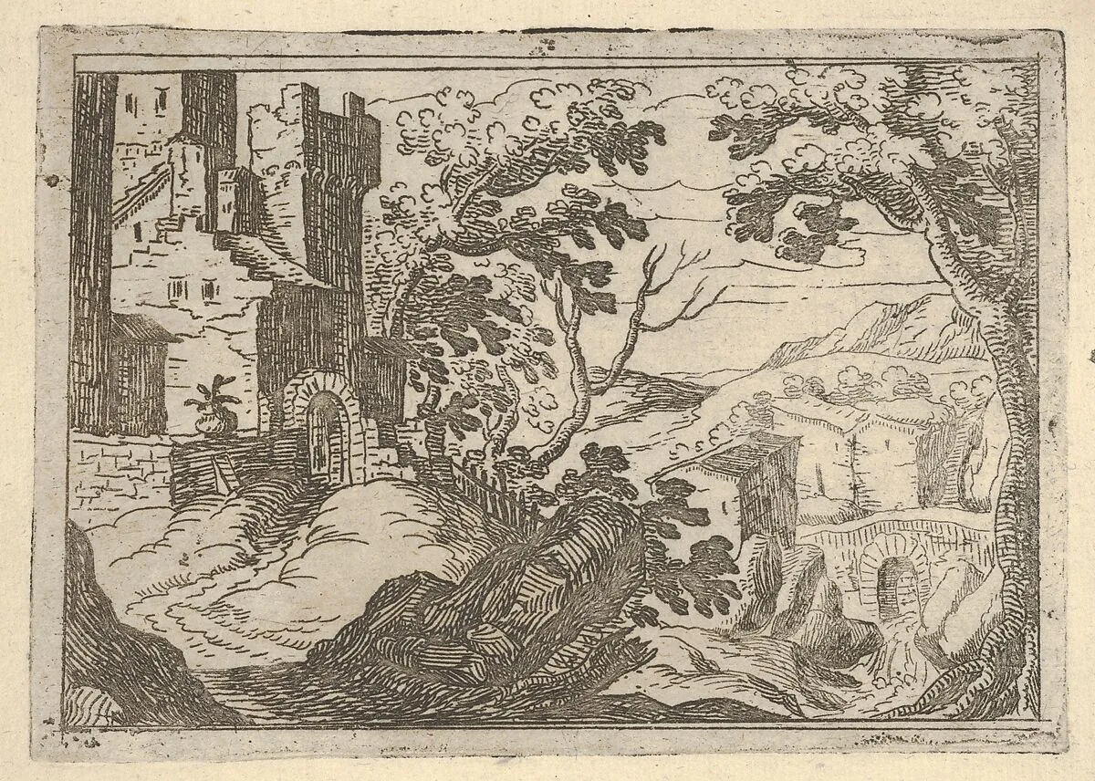 Landscape with buildings to the left and a bridge at right below — Remigio Cantagallina
