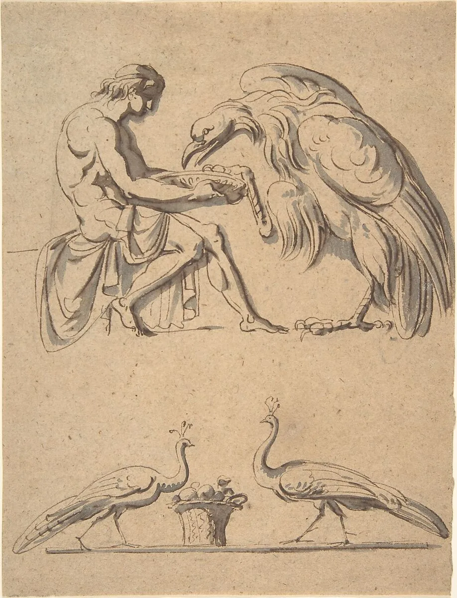Jupiter, disguised as an eagle, with Ganymede, and a sketch of two peacocks — Nicolai Abraham Abildgaard