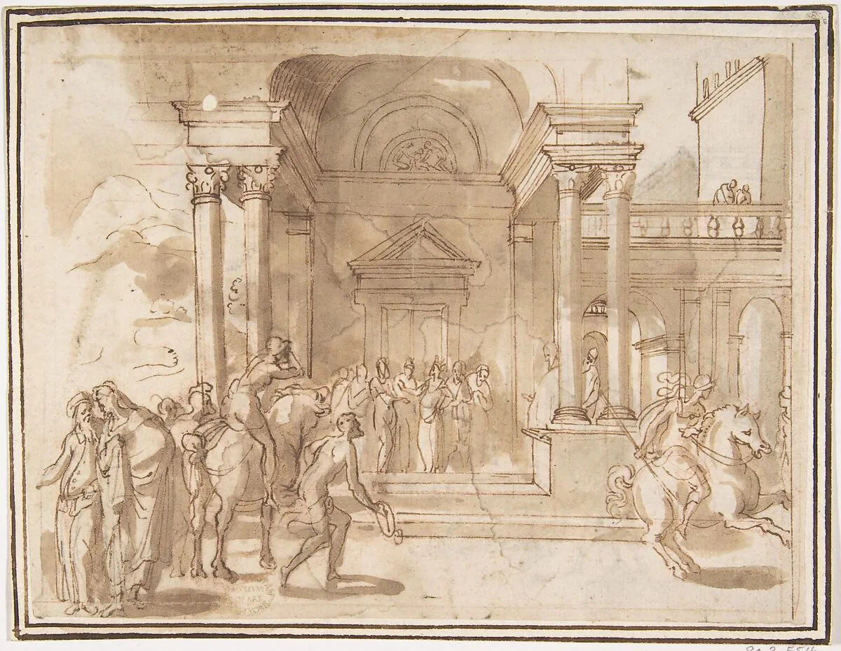 Unidentified Subject: Figures before a Palace or Temple — Francesco Allegrini