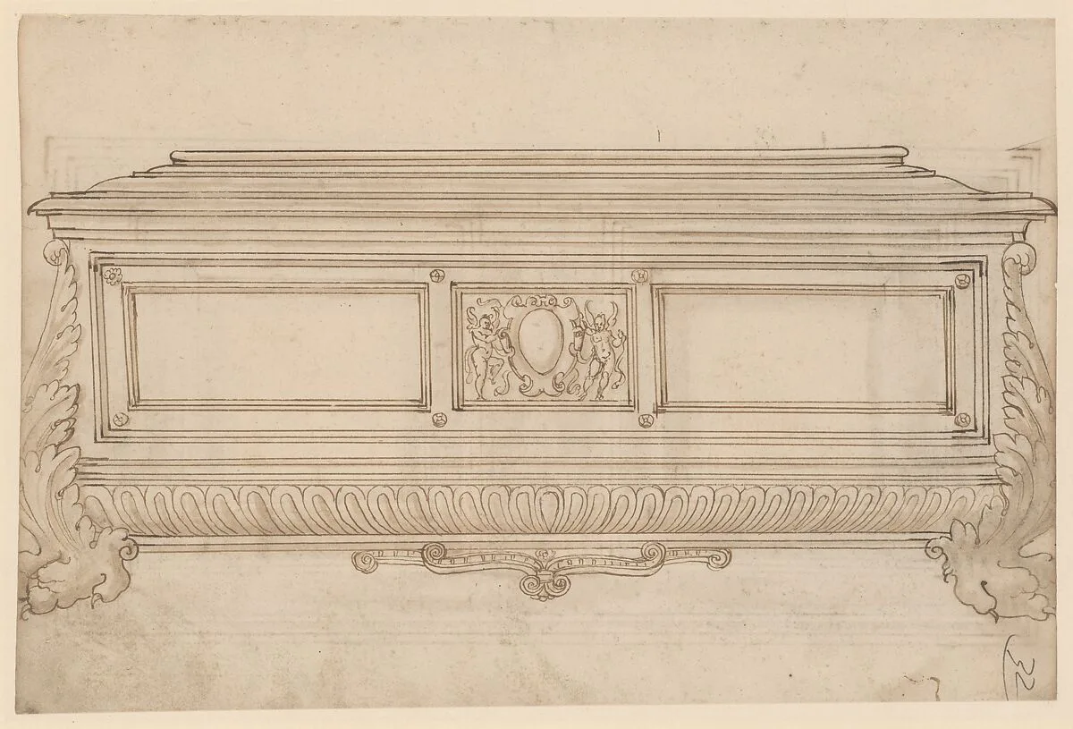 Design for a Cassone. Verso, Design for a Cabinet Door or Cassone Lid — Anonymous, Italian, 17th century
