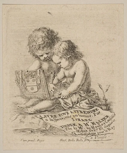 Plate 1: two children sitting on the ground, the child on the right drawing while the child on the left holding the album, the title page from 'The Book for Learning to Draw' (Livre pour apprendre à dessiner)