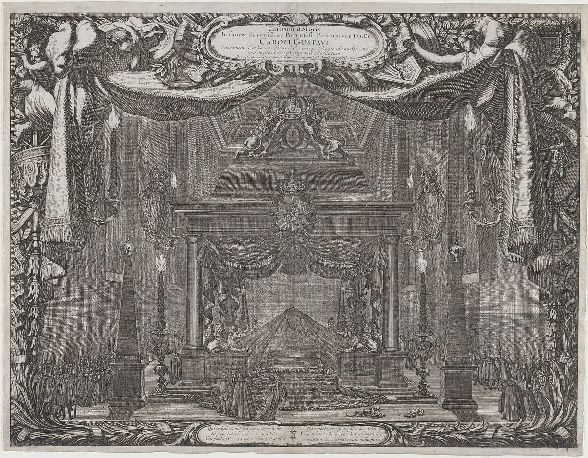 Catafalque of Charles X Gustav, King of Sweden, in the chapel of the castle in Stockholm (Castrum doloris in funere... Caroli Gustavi), from De rebus a Carolo Gustavo Sueciae rege gestis... — Jean Le Pautre|Count Erik Jönsson Dahlbergh|Baron Samuel von Pufendorf