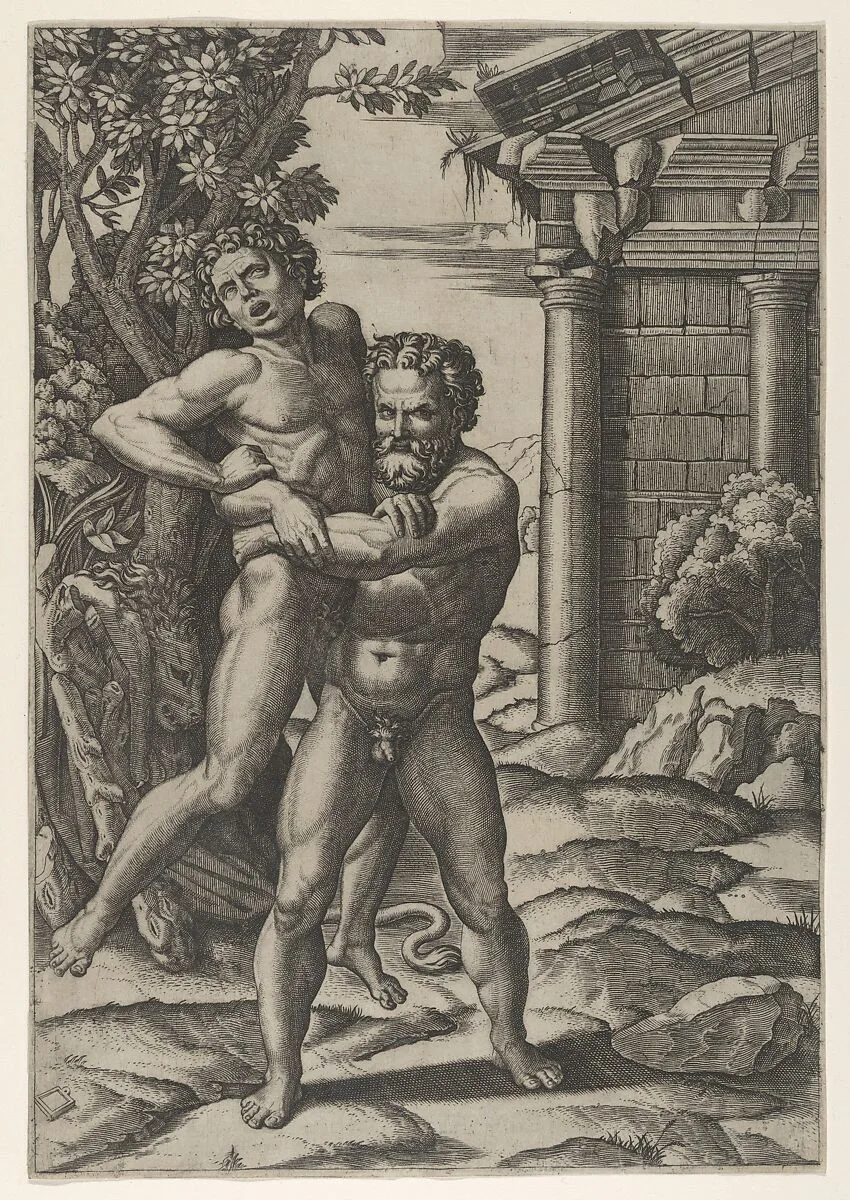 Hercules holding Antaeus by the waist and lifting him off his feet — Marcantonio Raimondi|Giulio Romano|Raphael (Raffaello Sanzio or Santi)