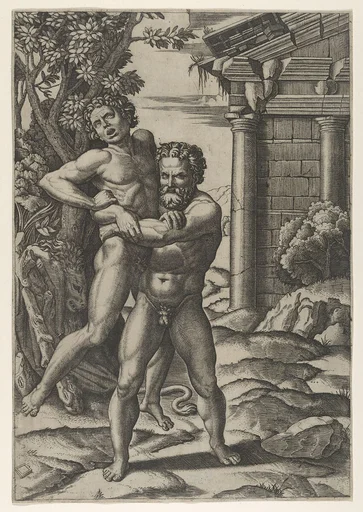 Hercules holding Antaeus by the waist and lifting him off his feet