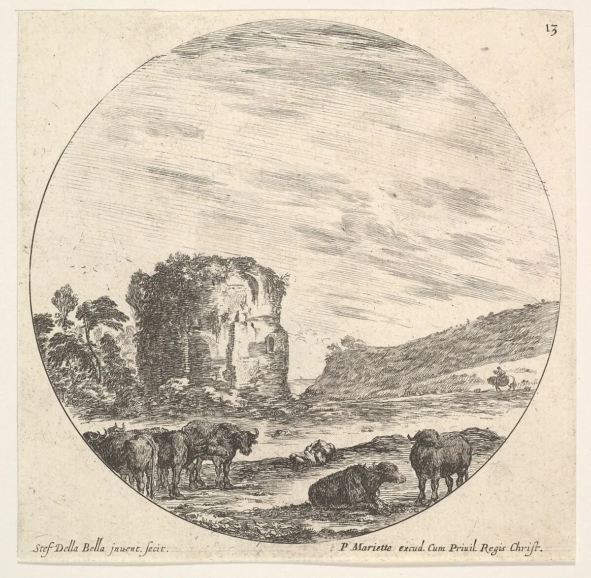 Plate 13: ruins of an ancient temple in the background, a herd of cows in the foreground, a round composition, from 'Roman landscapes and ruins' (Paysages et ruines de Rome) — Pierre Mariette le fils|Stefano della Bella