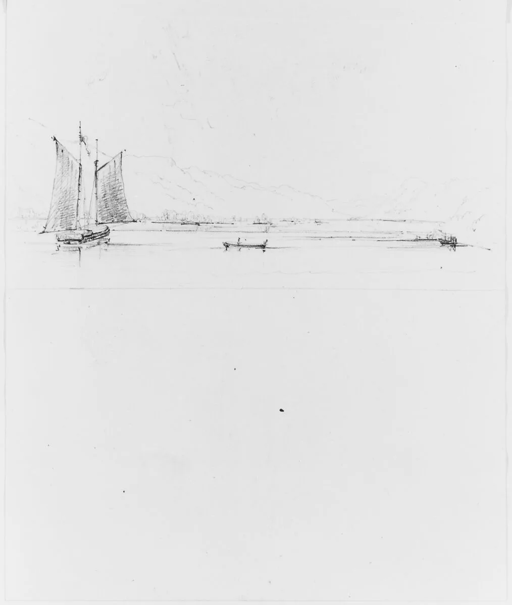Study of Lake, with Sailboat and Canoe, Set Against Mountains (from Sketchbook) — John William Casilear