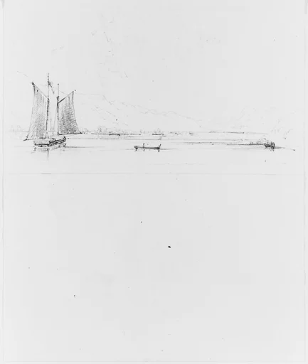Study of Lake, with Sailboat and Canoe, Set Against Mountains (from Sketchbook)