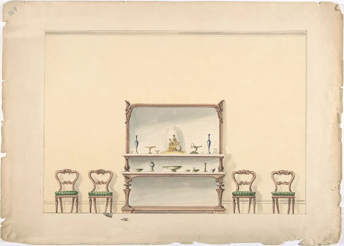 Design for a Mirrored, Marble-topped Sideboard and Four Chairs — Anonymous, British, 19th century