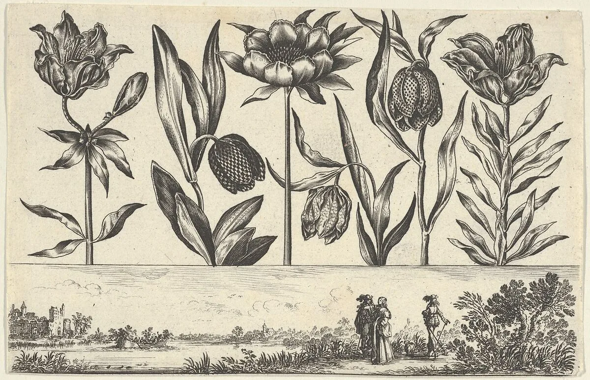 Horizontal Panel with a Row of Flowers Above a Frieze with Figures in a Landscape, from Livre Nouveau de Fleurs Tres-Util — Nicolas Cochin|Balthazar Moncornet