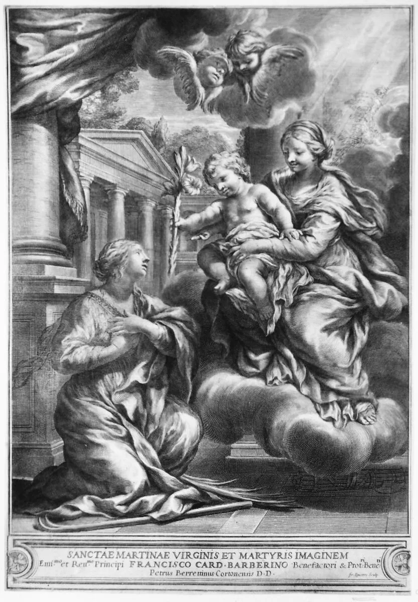 Saint Martina kneeling before the Virgin and Child, as the Child offers her a lily — Pietro da Cortona (Pietro Berrettini)|Cardinal Francesco Barberini|François Spierre