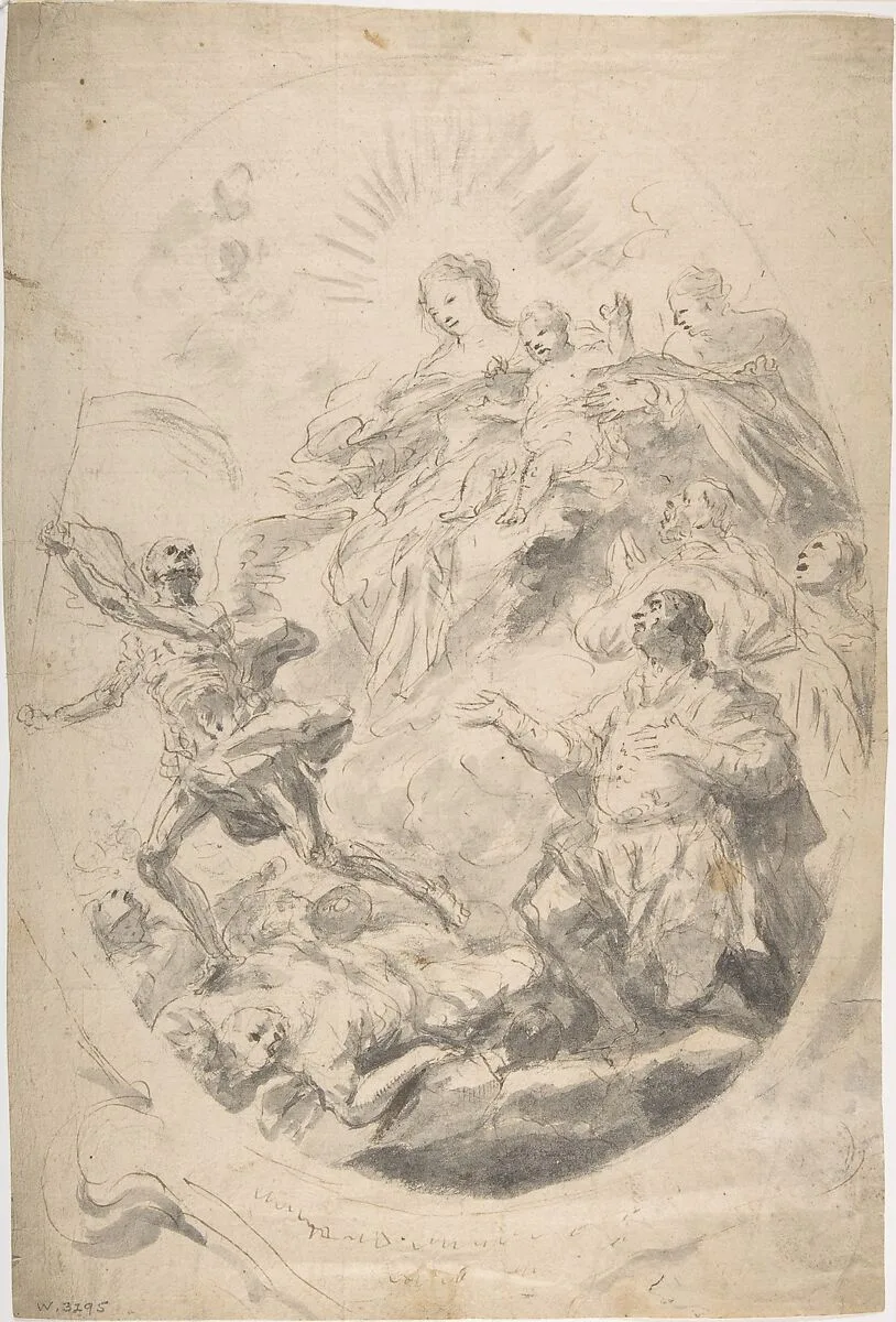 The Virgin and Child Intervening for Victims of the Plague (recto); Seated Female Figure (verso) — Geronimo Cenatiempo (Girolamo Cenatempo)