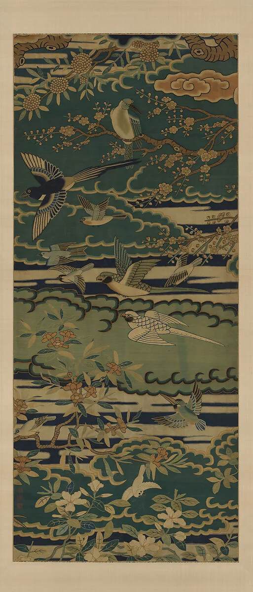 明晚期 緙絲群鳥圖屏|Birds among flowering branches against clouds — Unknown