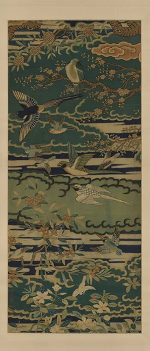明晚期 緙絲群鳥圖屏|Birds among flowering branches against clouds