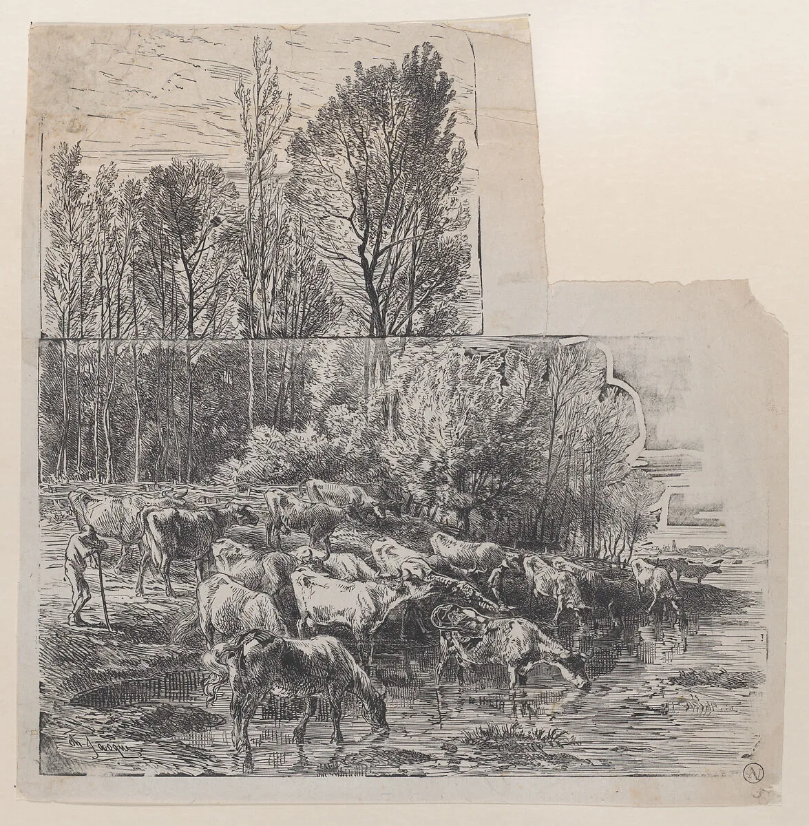 Herdsman and Cattle at Ford — Charles Jacque