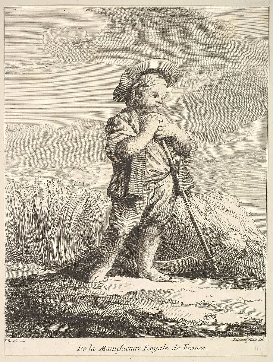 Little boy with a scythe, from Premier Livre de Figures d'après les porcelaines de la Manufacture Royale de France, inventées en 1757, par Mr. Boucher (First Book of Figures after porcelains from the Manufacture Royale de France, devised in 1757, by Mr. Boucher) — François Boucher|Pierre Etienne Falconet