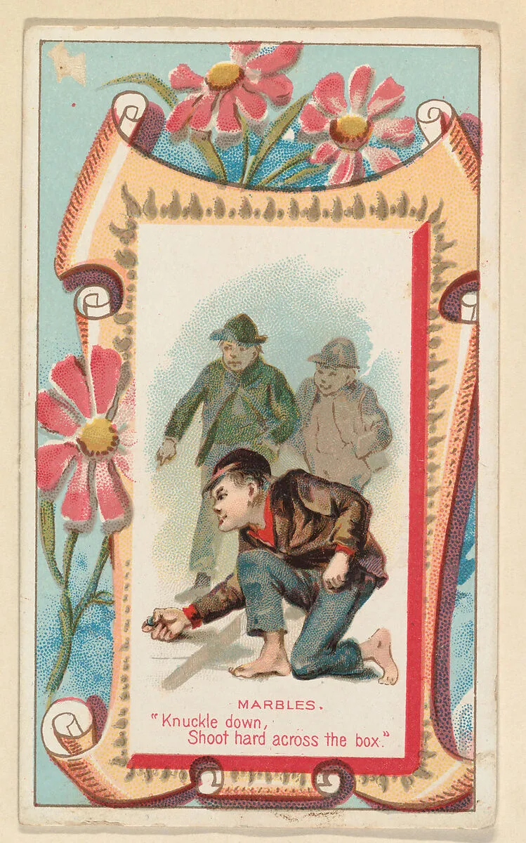 Marble, "Knock down, Shoot hard across the box," from the Terrors of America set (N136) issued by Duke Sons & Co. to promote Honest Long Cut Tobacco — W. Duke, Sons & Co.|Knapp & Company