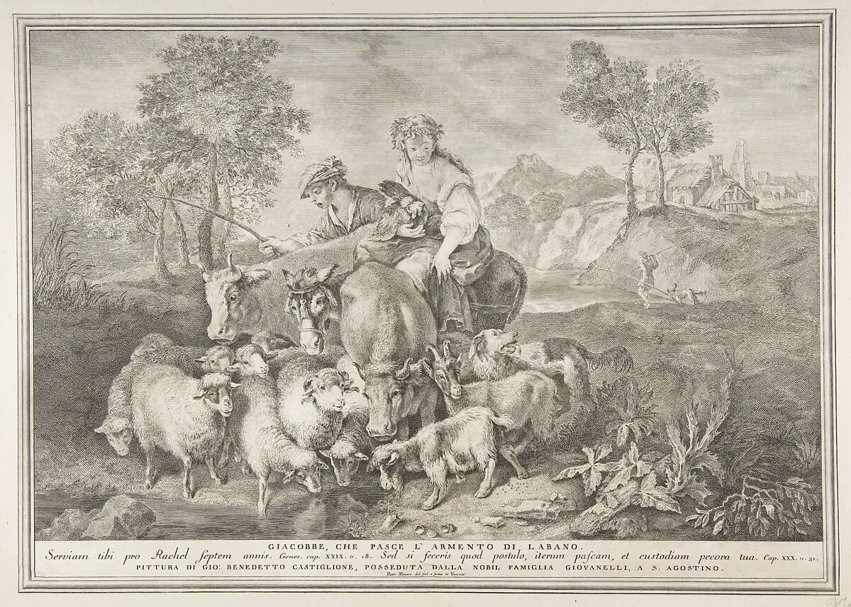 Jacob tending Laban's flock (Giacobbe, che pasce l'armento di Labano) — Pietro Monaco|Giovanni Benedetto Castiglione (Il Grechetto)