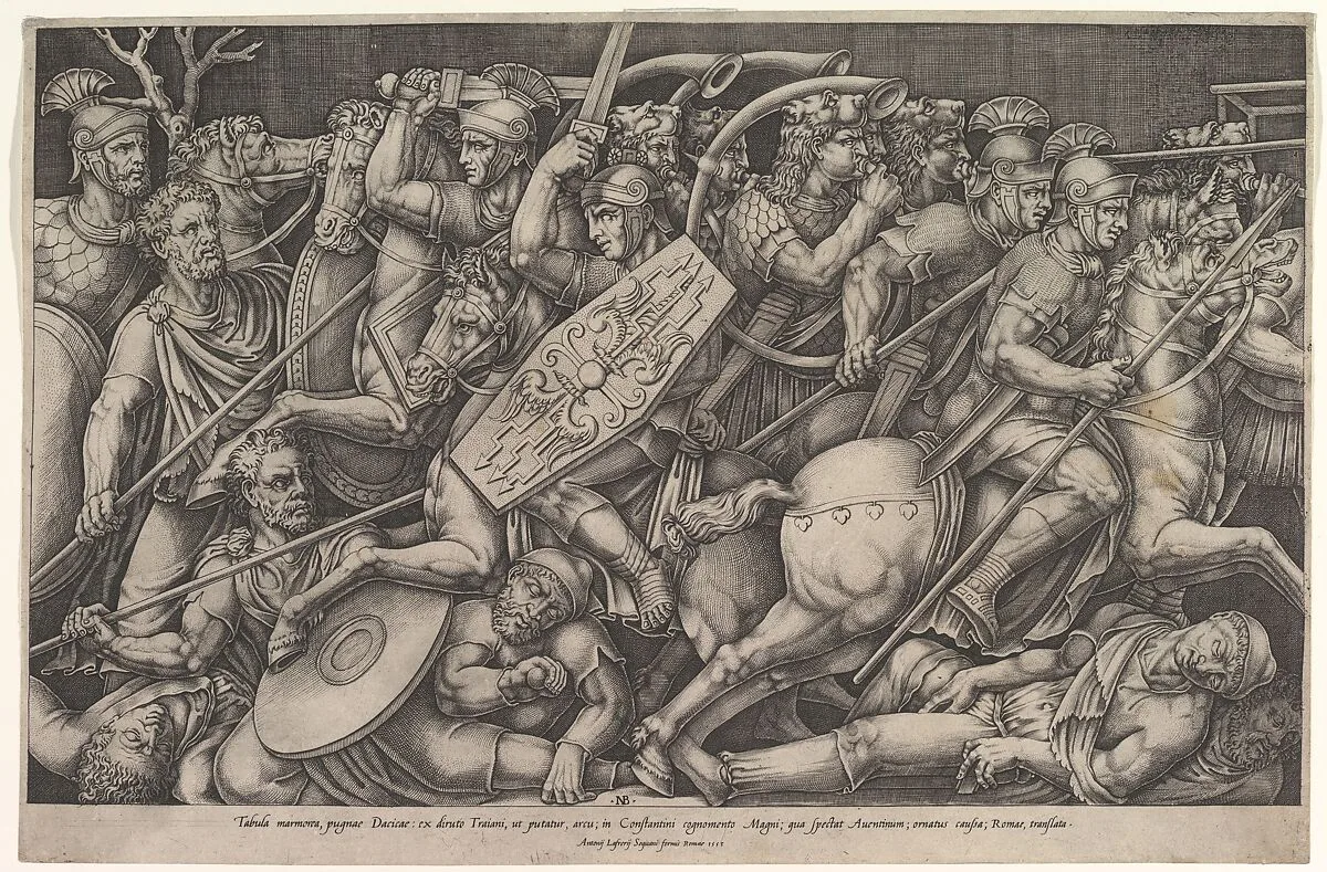Roman soldiers fighting against Dacians, battle scene in shallow depth with horses and horn-players (after a bas-relief on the Arch of Constantine, Rome) — Nicolas Beatrizet